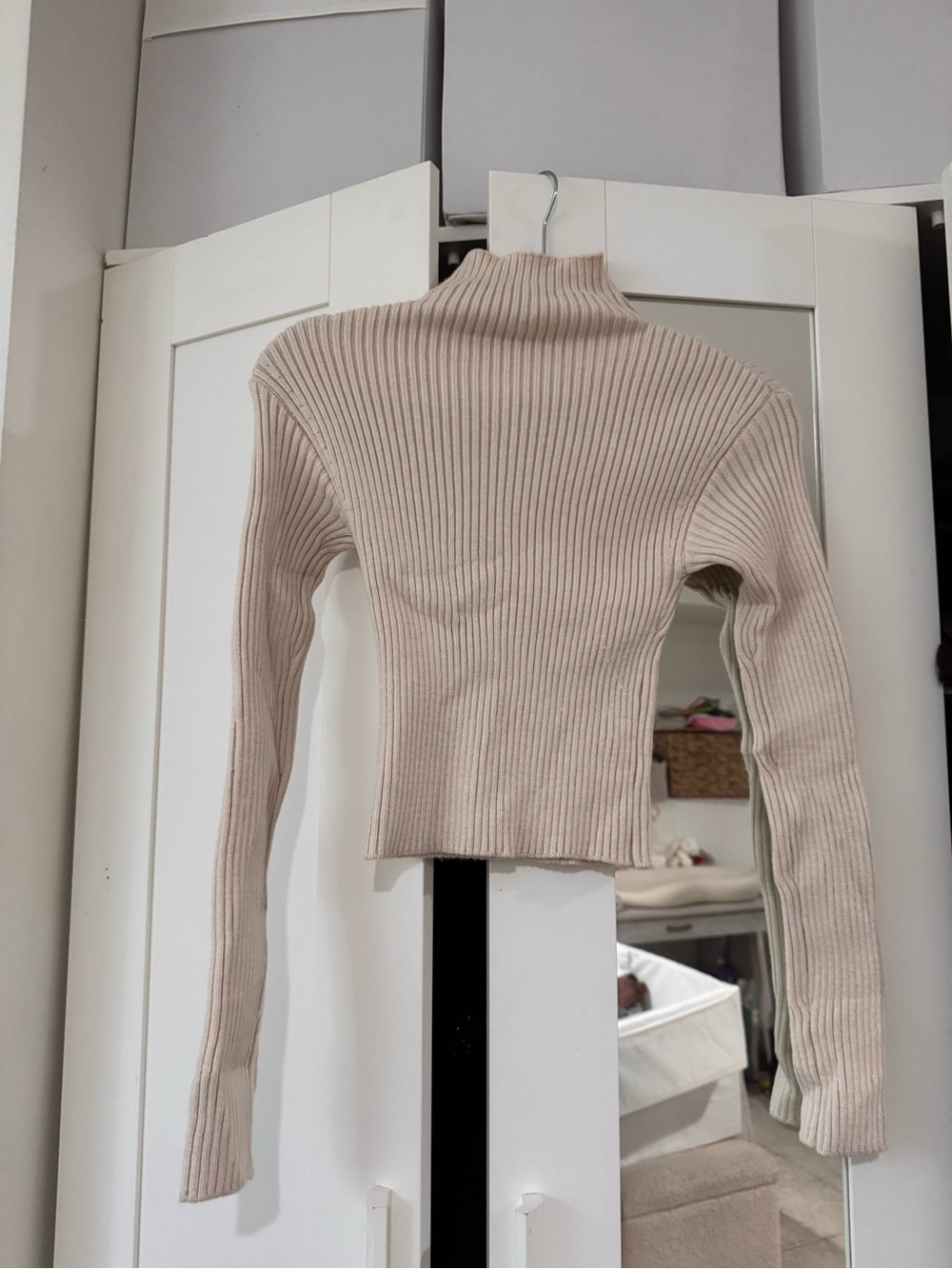 Zara Ribbed Mock Neck Cropped Sweater in Light Beige
